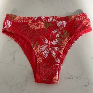 Roxy Tropical Palm Print Hi Waist Smocked Bikini Bottoms Red Wht Sz Au L US S-M